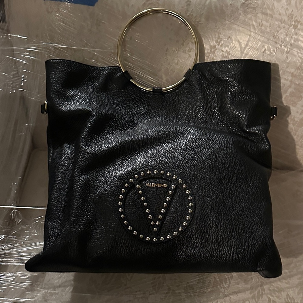 Valentino Black Leather Tote with Gold Accents